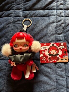 POP MART Skull panda Red Plush Doll Keychain with Fur Ear Muffs - BRAND